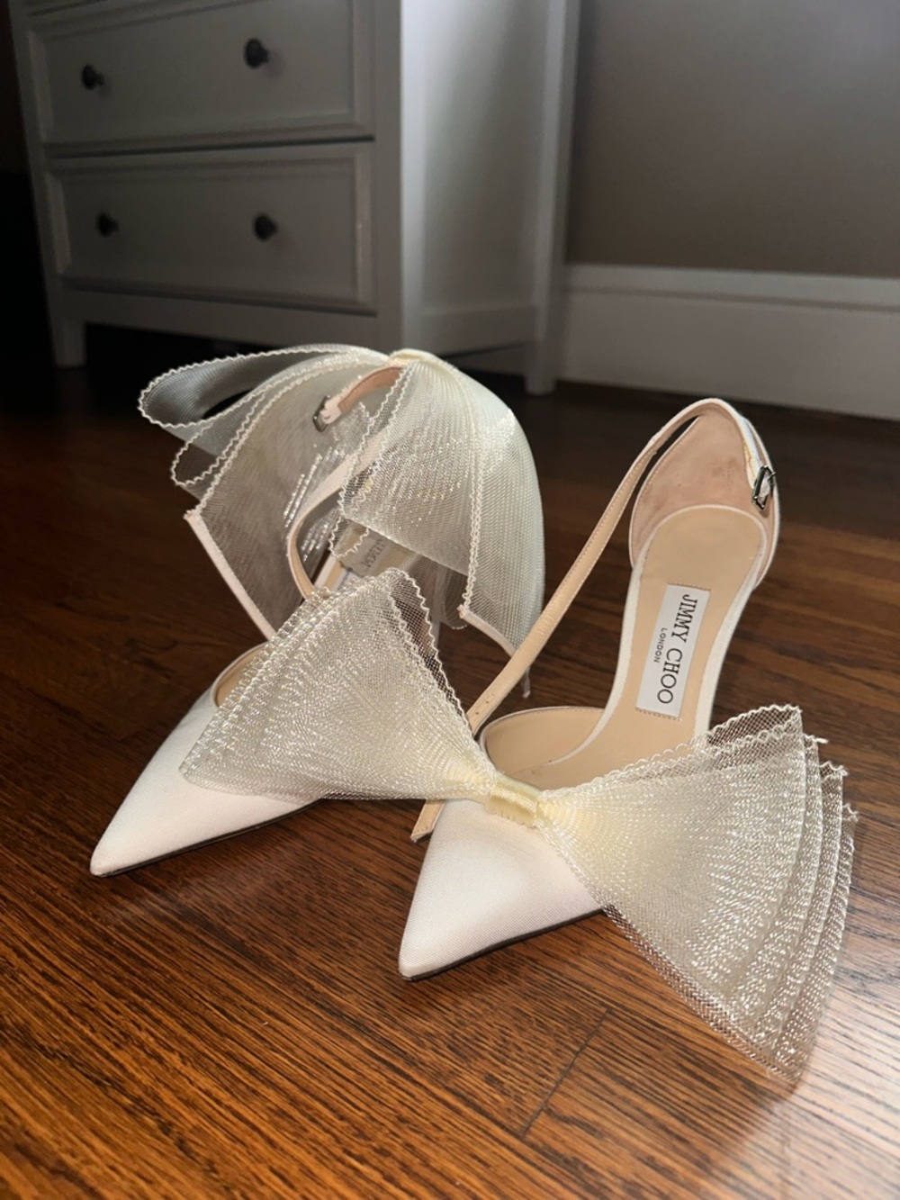 Jimmy Choo Cream Pointed-Toe Slingback Heels with Mesh Bow